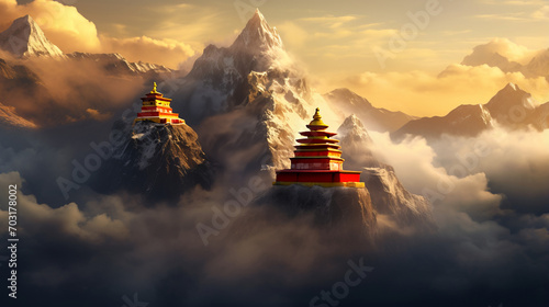 Majestic buddhist temple nestled in misty mountain surroundings at dawn exudes serenity and spiritual awakening, dreamlike tibetan temple radiates atmosphere of calm and tranquility photo