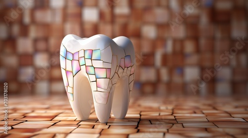 Mosaic tooth model on an abstract background symbolizes importance of preserving tooth enamel through multi layered defense, strengthening and safeguarding tooth enamel, dental care