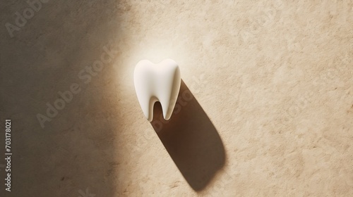 Human tooth against stone beige background with shadow cast by strong light, represents simplicity maintaining healthy teeth, child milk tooth, minimalistic dental care concept photo