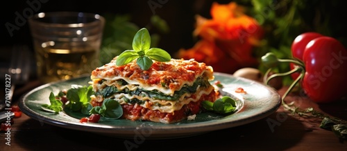 Lasagna with tomato sauce served with tomatoes and spinach, vegetarian background