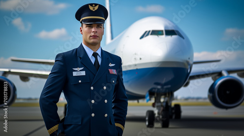man wear formal pilot uniform stand with airplane boeing 747 on airport