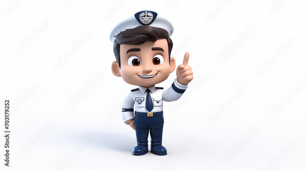 3d cartoon of pilot captain in white background