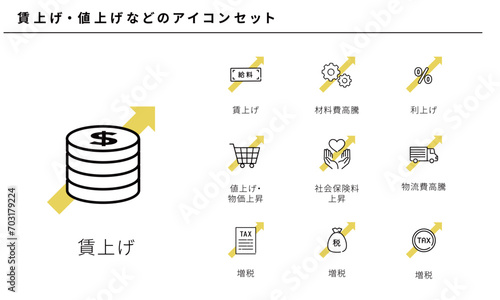 賃上げ・値上げなどのシンプルラインアイコンセット、ベクター