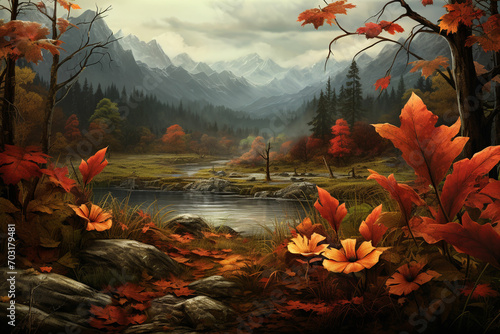 Autumn landscape with mountain river and red leaves. Digital painting. ai generated photo