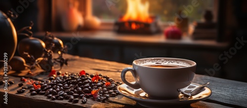 Cup of hot coffee on wooden table in front of Fireplace in background