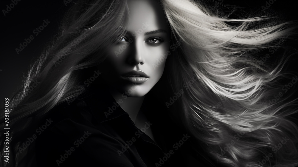 Black and white portrait of beautiful blonde woman