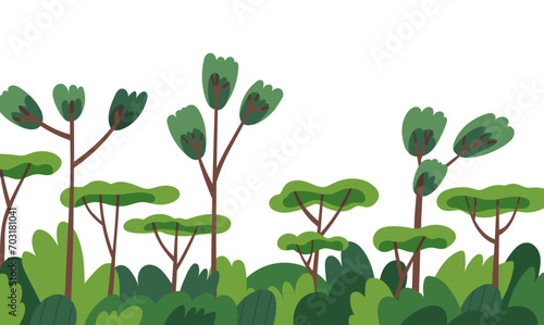 Green plants, trees border. Leaf forest decor. Natural decorative edge, botanical decoration with leaves, trunks, shrubs, woodland. Modern flat vector illustration isolated on white background