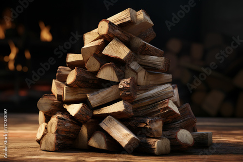 Pile of chopped firewood on wooden table, closeup view. ai generated photo