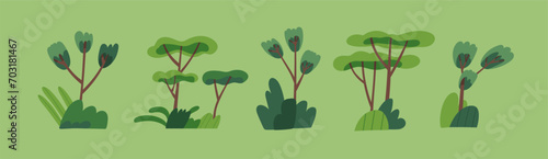 Green trees. Abstract forest plants with trunks and leaf branches. Botanical nature set. Summer and spring bushes, shrubs, leaves in modern style. Stylized botany. Flat vector illustrations