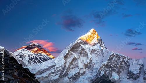 The twilight sky over Mount Everest, Nuptse, Lhotse, and Makalu photo