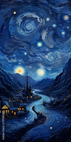  A Serene Starry Night Painting, River Flow in middle and city on the River Side