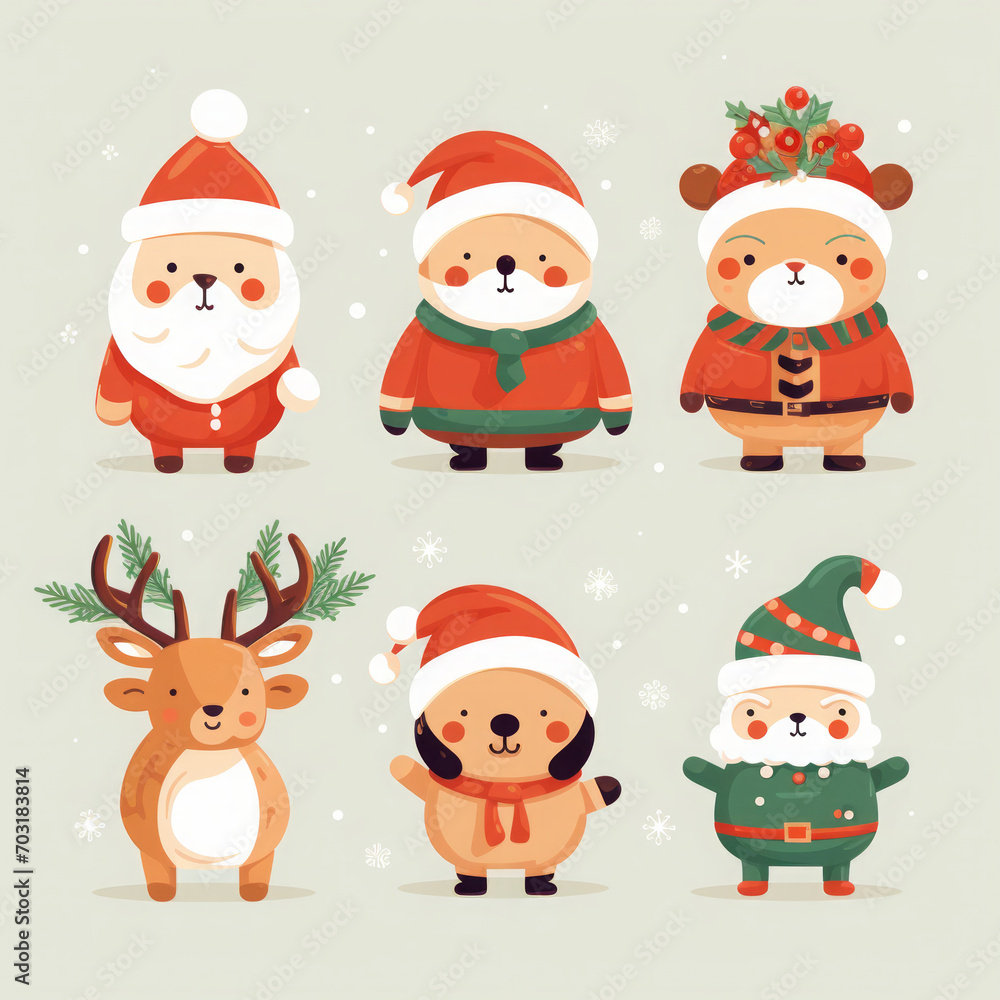 Cheerful Christmas Multiple Characters with Cute Santa Claus and Reindeers
