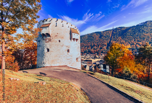 Braso, Romania. White Tower, autumn colors, medieval Transylvania.