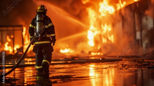 Firefighter in action, dousing a raging fire at night with a fire hose.