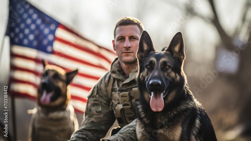 Landscape shot featuring the strength and loyalty of a military man and his service German Shepherd against the backdrop of the US flag on Veterans Day.