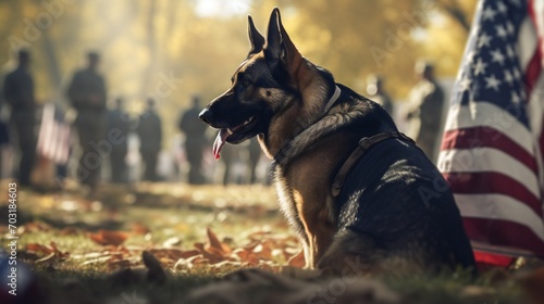 Overview of a wide scene displaying the camaraderie between a military man and his service German Shepherd, paying tribute to Veterans Day with the US flag. .