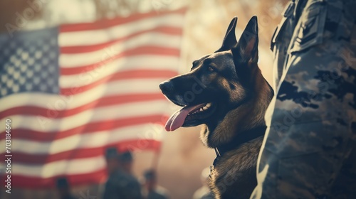 Overview of a wide scene displaying the powerful symbolism of a military man and a service German Shepherd against the US flag, honoring Veterans Day.
