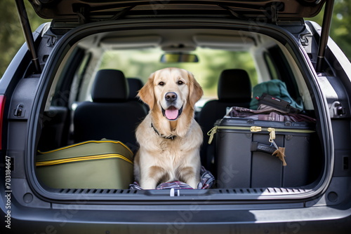 Golden Retriever sitting in the back of a car © duyina1990