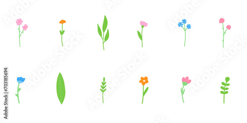 Minimalistic spring florals vector illustration set. Cartoon simple flowers, leaves, brunches, plants. Isolated on white background.