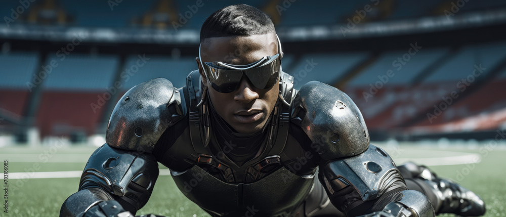 Futuristic Athlete in High-Tech Armor Ready for Action on a Football Field