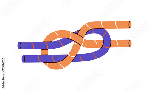 Sheet bend knot. Knotted colorful rope, braided noose closeup. Marine bond, climbing tie tutorial technique. Sailor cord node instruction. Flat isolated vector illustration on white background