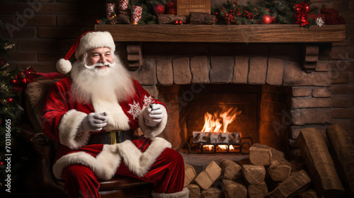 Santa Claus in his house next to the fireplace and Christmas tree resting in armchair.