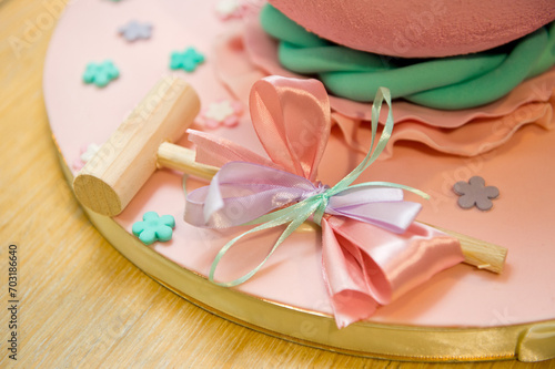Close-up shot of child's birthday cake decoration elements.