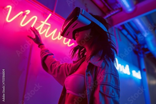 Woman Experiencing Virtual Reality in Neon Lights