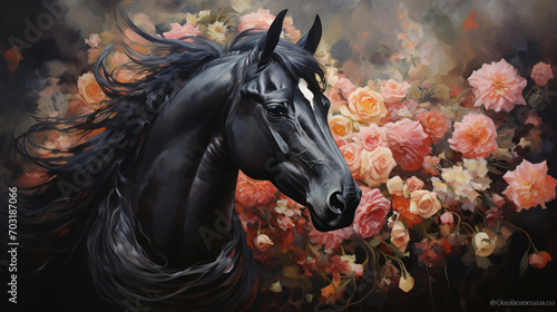 A painting of a black horse with flowers © Rimsha
