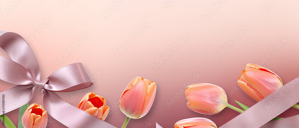 Graceful Coral Tulips with Elegant Satin Ribbon on Soft Pink Gradient