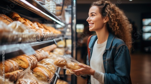 Happy woman choosing bread in supermarket photo