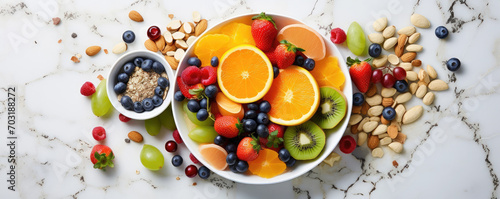 Top view of colorful fruit mix with nuts in a bowl. Healthy breakfast concept. Fresh fruit, raw food