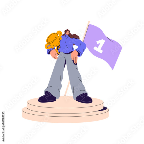 Winner with prize standing on victory pedestal. Confident woman hold golden cup, gold trophy, reward, award. Champion celebrate win. Leader achieved success. Flat isolated vector illustration on white