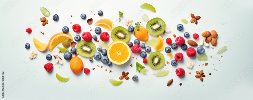 Top view of colorful fruit mix with nuts in white background. Healthy breakfast concept. Fresh fruit, raw food Top view of colorful fruit mix with nuts in white background. Healthy breakfast concept. Fresh fruit, raw food