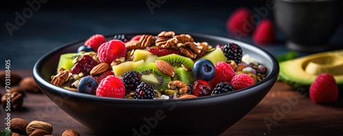 Close up photo of fresh fruit and nuts on plate, healthy food concept