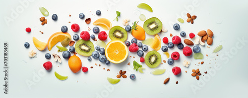 Top view of colorful fruit mix with nuts in white background. Healthy breakfast concept. Fresh fruit  raw food