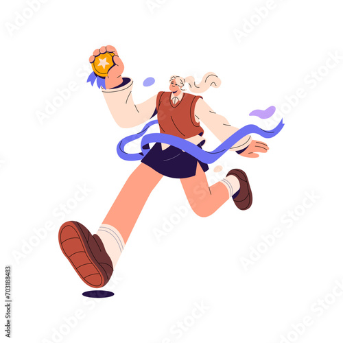 Happy girl holds golden medal, crosses finish line. Winner achieves success. Champion with award celebrates challenge win. Young woman rejoices to victory. Flat isolated vector illustration on white