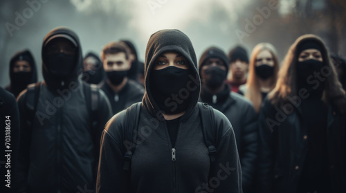 Group of people wearing face mask protesting and giving slogans in a rally. Group of demonstrators protesting in the city. © standret