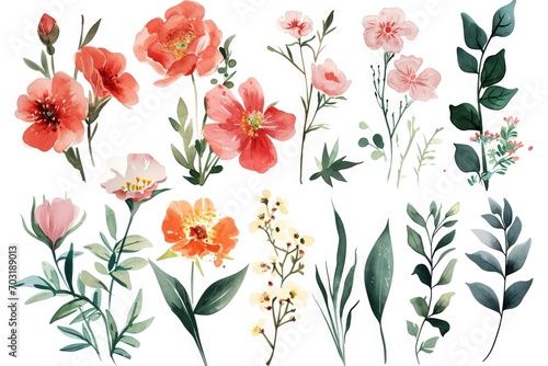 A collection of beautiful watercolor flowers painted on a white background. This versatile image can be used for various purposes