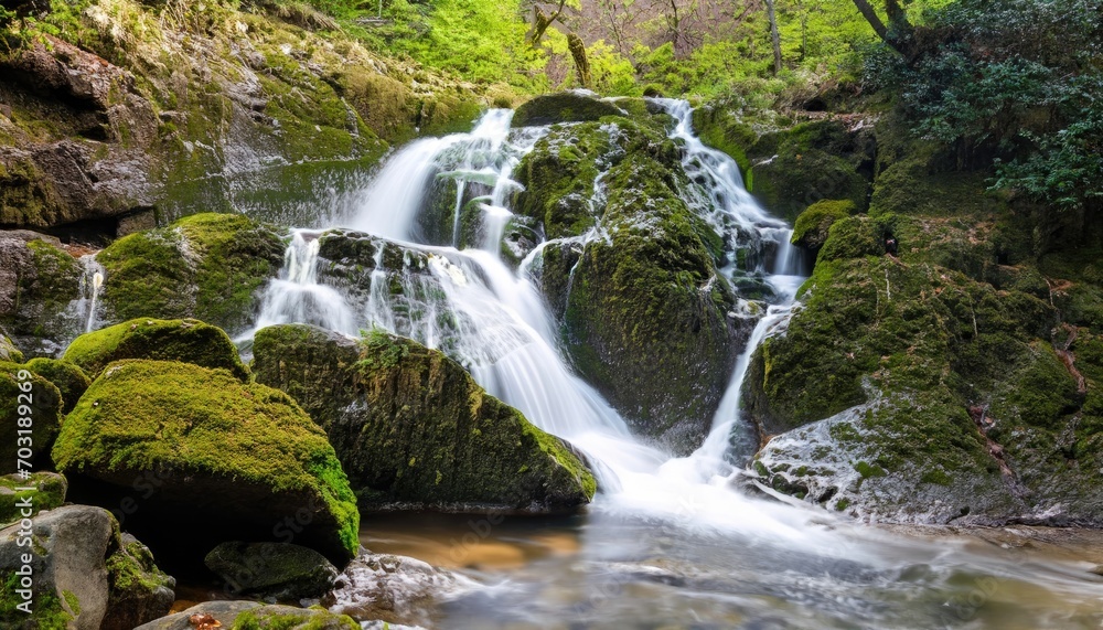 A beautiful waterfall cascading over mossy rocks in a forest A beautiful waterfall cascading over mossy rocks in a forest