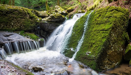 A beautiful waterfall cascading over mossy rocks in a forest photo