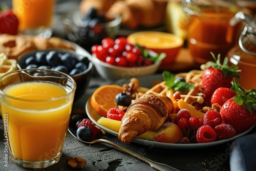 A simple composition featuring a plate of various fruits and a refreshing glass of orange juice. Perfect for promoting healthy eating or showcasing a delicious breakfast option