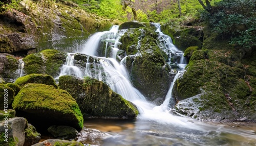 Fototapeta Naklejka Na Ścianę i Meble -  A beautiful waterfall cascading over mossy rocks in a forest