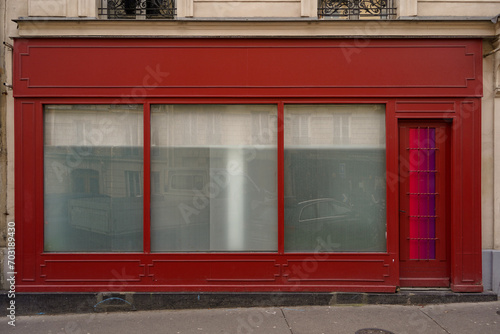 old vintage red storefront facade , european hipster boutique entrance , commercial  vitrine template