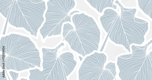 Pale blue tropical background with leaves. Light botanical background, poster, banner, card or cover