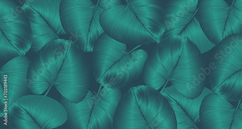 Tropical green gradient vector background with 3D leaves. Botanical card, poster, banner, wallpaper, cover