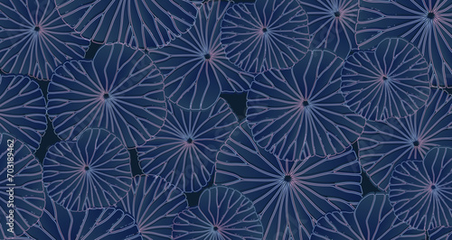 Blue floral vector background with water lily leaves. Abstract background, poster, banner, card, wallpaper or cover