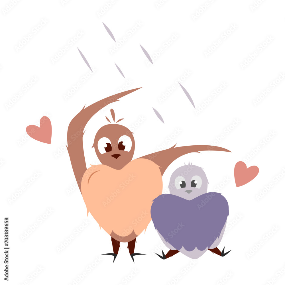 Hand draw two bird with heart under the rain. Valentine's day illustration. Peach fuzz, pink, brown, purple and red colors. Vector illustration isolated on white background.Doodle style. Hand draw two bird with heart under the rain. Valentine's day illustration. Peach fuzz, pink, brown, purple and red colors. Vector illustration isolated on white background.Doodle style.