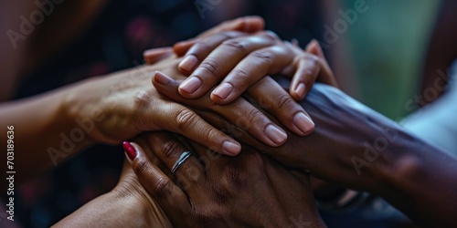 A picture showing a group of people joining their hands together.