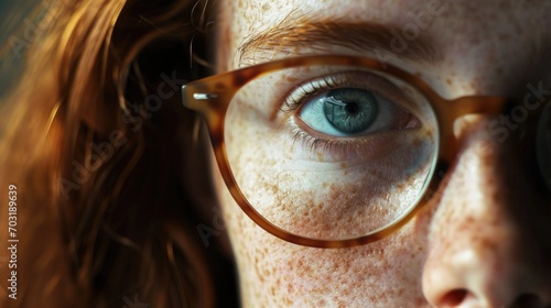 A close-up photograph of a person wearing glasses. Can be used to illustrate vision, eyewear, or professionalism photo